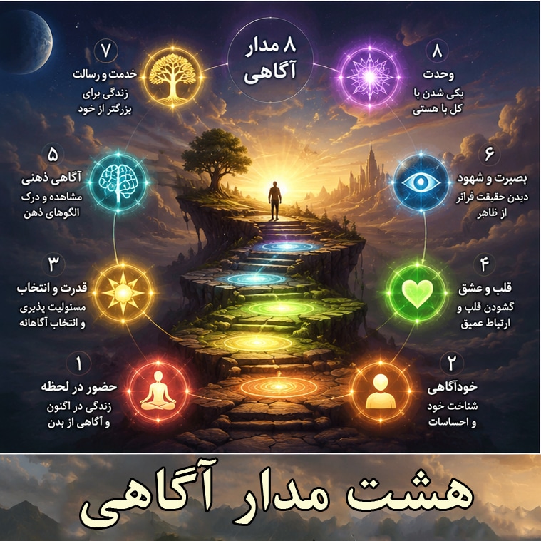 با ۸ مدار آگاهی، از بقا و تفکر تا خودآگاهی، مدار ژنتیکی و آگاهی کیهانی آشنا شوید و مسیر رشد آگاهی را بهتر بشناسید.